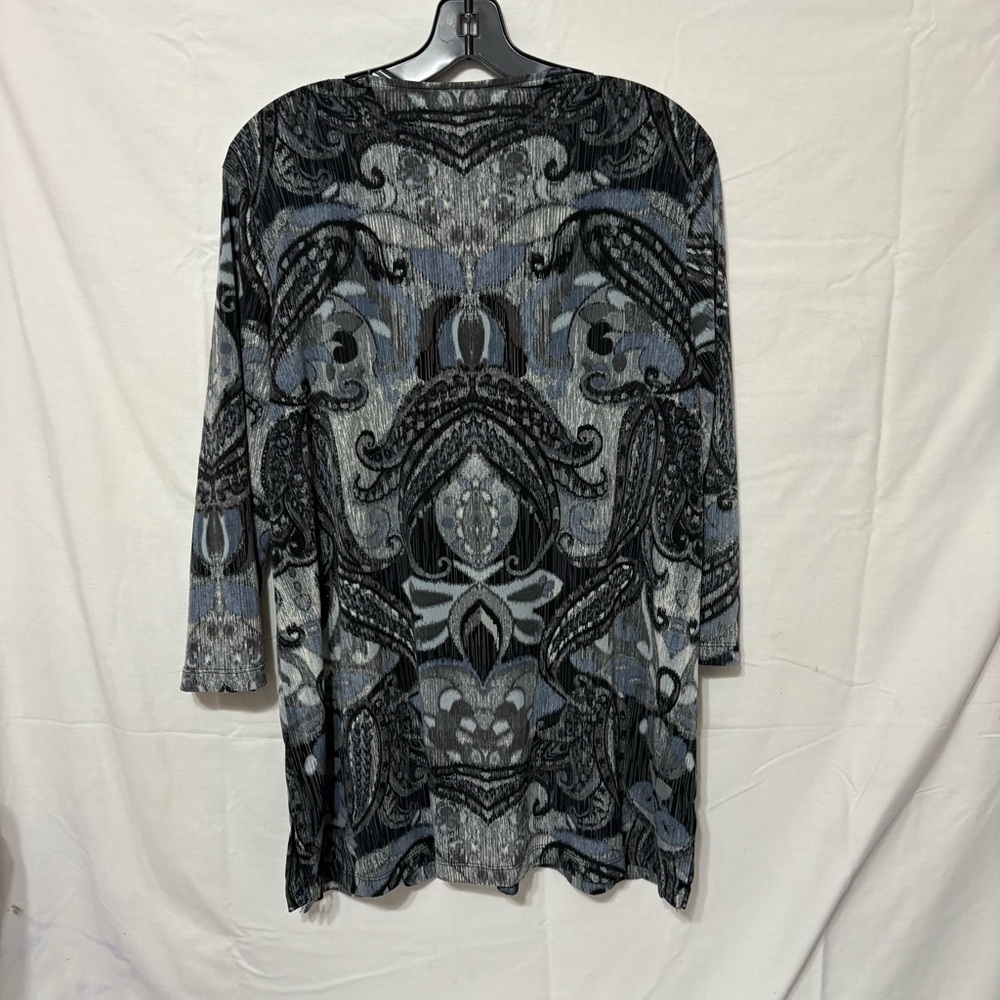 Chico's Travelers Paisley V-Neck Tunic in blue, gray, and black paisley